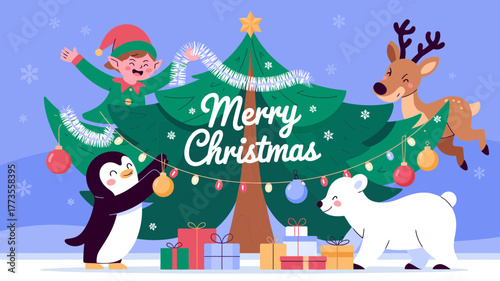 Joyful christmas scene with a decorated tree playful elf penguin polar bear and reindeer celebrating the holidays