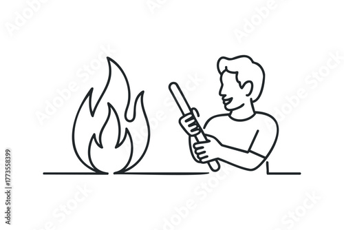Man holding stick near flame symbol