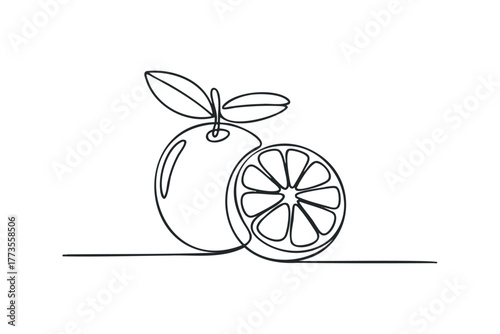 Single line drawing of an orange fruit with leaf and slice