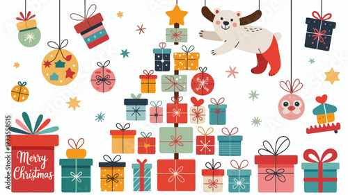 Whimsical christmas tree made of colorful gift boxes with a playful dog and festive ornaments hanging