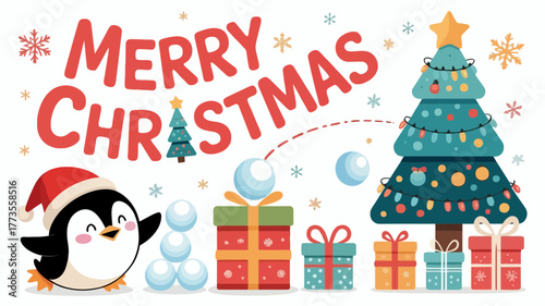 Cute cartoon penguin wearing a santa hat with presents and a decorated christmas tree wishing merry christmas