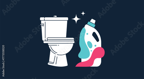 Illustration of a white toilet bowl next to a cleaning product bottle with colorful liquid spilling out.