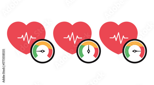 Heart health gauge icon set. Editable vector illustration of ECG symbols with performance meters. EPS medical wellness pack