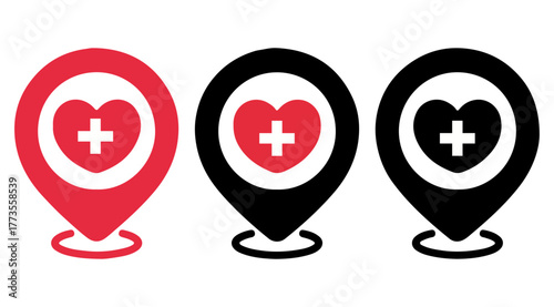 Medical location pin icon set. Editable vector illustration of heart and cross symbols in red, black, and white. EPS healthcare map markers