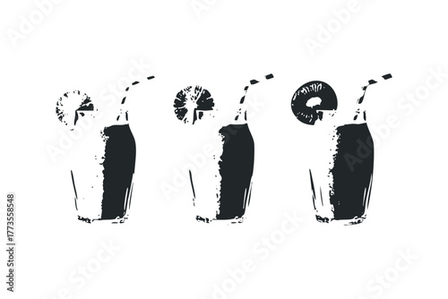 Three stylized drinks with straw and lemon slice