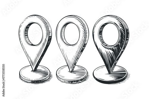 Three hand drawn map pins on white