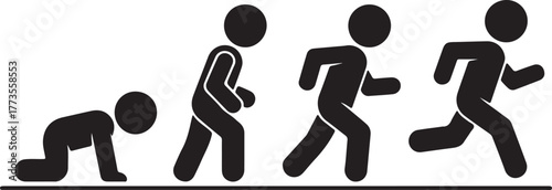 A minimalist black and white line art illustration showing human evolution from crawling to running, with four stick figure poses symbolizing motion, growth, and progress.