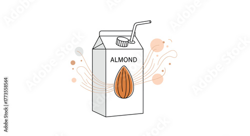 Minimalist illustration of an almond milk carton with a straw and decorative abstract elements.