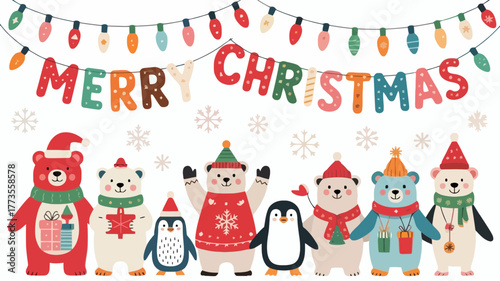 Cute cartoon polar bears and penguins wearing festive hats and scarves celebrate christmas under colorful string lights