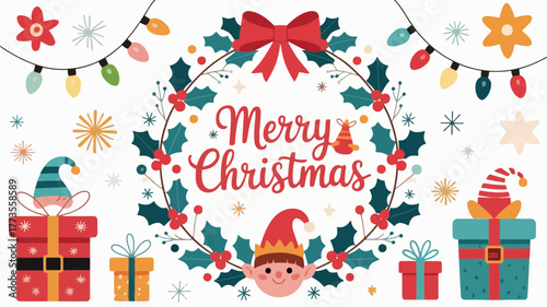 Festive merry christmas wreath with colorful lights and adorable elf characters holding gifts