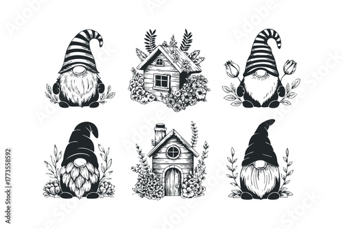 Collection of six garden gnomes and whimsical houses