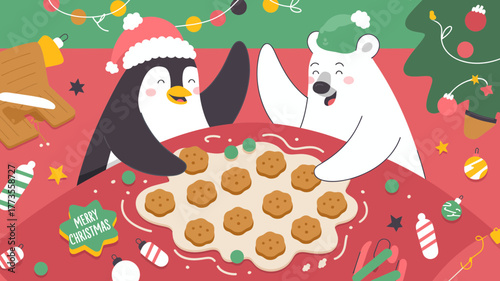 Cute penguin and polar bear wearing santa hats happily making christmas cookies together in a festive kitchen scene