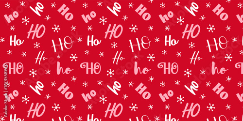 Red Christmas seamless ho-ho-ho pattern with snowflake elements. Festive background for greeting cards or wrapping paper.