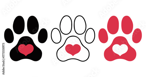 Heart paw print icon set. Editable vector illustration of pet love symbols in black, white, and red. EPS animal care pack