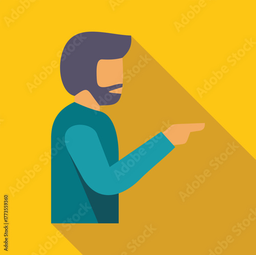 Bearded man pointing his finger to give directions or accuse someone, flat design with long shadow on yellow background