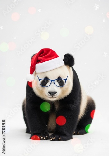 A panda bear joyfully dressed for the holiday season. The panda is seen wearing glasses and a festive hat. 