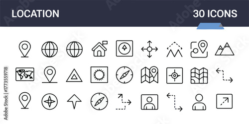 A set of 27 minimalist location, navigation, and map line icons with compass, pin, globe, and route symbols on white background, modern geometric design.