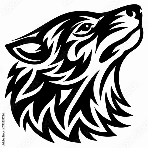 Majestic Wolf Head Black and White Vector Illustration of a Howling Wild Animal
