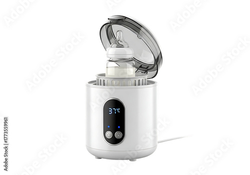 White electric baby bottle warmer with digital display and clear lid isolated on transparent background