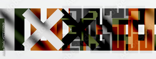 Abstract geometric shapes, bold colors, layered design. Minimalist composition, modern aesthetic, dark background dominates.