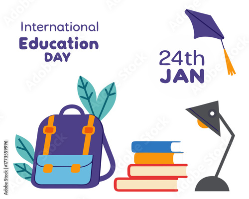 International Education Day Illustration with Backpack Books Lamp and Graduation Cap on White Background
