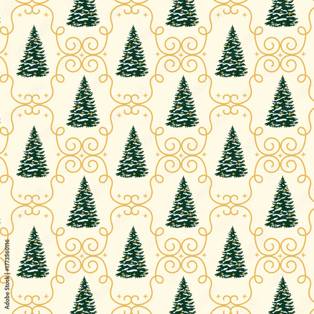 Obraz premium Christmas trees with snow and golden stars. Seamless festive pattern for greeting cards, gift wrapping, or winter decorations. Festive winter background.