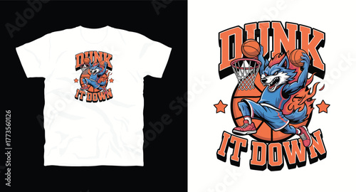 Cartoon Wolf Dunking Basketball Design for T-shirts Funny Animal Mascot Vector Illustration Sport Team Graphics Apparel Print Play