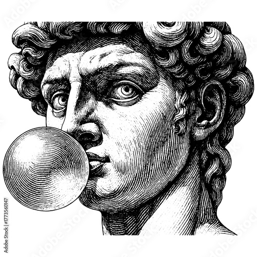 Black and white engraving of a classical statue head blowing bubble gum, vintage etching with modern twist isolated on transparent background.