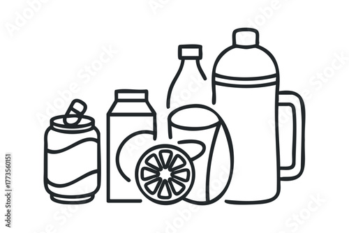 Assortment of beverage containers and citrus fruit slices