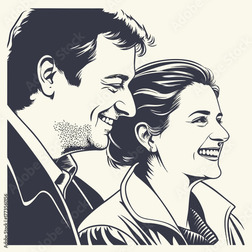A beautiful retro cartoon illustration of a young couple's face portrait with stylish hair and a loving kiss