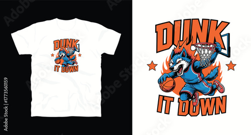 Cartoon Wolf Scoring Basketball Design for T-shirts Funny Animal Mascot Vector Illustration Sport Team Graphics Apparel Print Contest