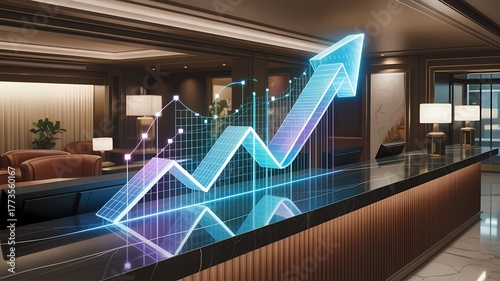 3D Rising Arrow Graph Above Hotel Reception Desk