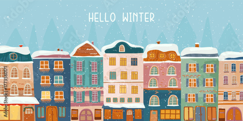 Illustrated city street with snow-covered houses. Winter holiday background with cozy buildings. Concept for a Christmas and New Year greeting card.