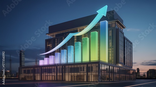 3D Business Growth Chart Rising from Hotel Building