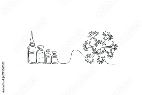 Abstract continuous line drawing of vials and cell-like structure