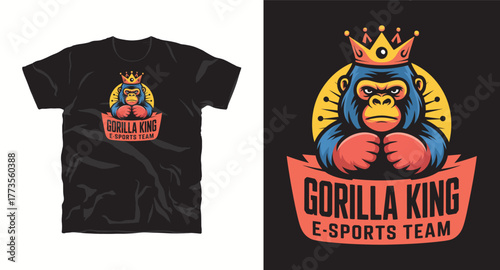 Gorilla King Esports Team T-shirt Vector Design with Gorilla Illustration Crown and Text for Gaming Apparel Print