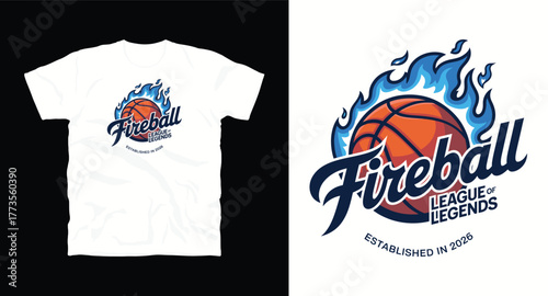 Fireball League of Legends T-shirt Vector Design with Basketball Illustration Flames and Text for Sportswear Apparel Print