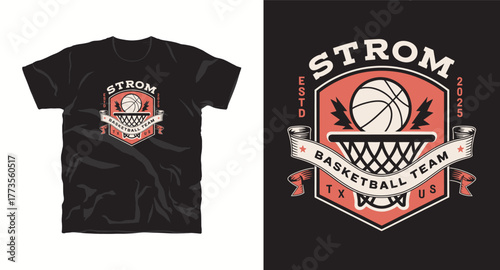 Strom Basketball Team Shield Logo Design Sport Graphic for Apparel and Fan Merchandise Vintage Style with Ribbon and Net 2025