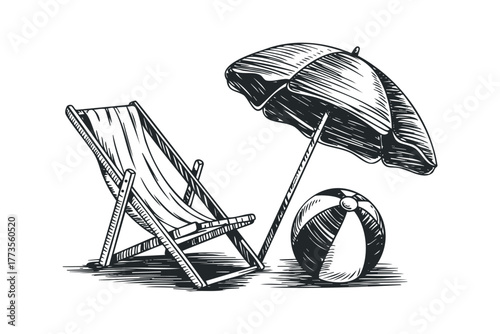 Beach chair with umbrella and ball