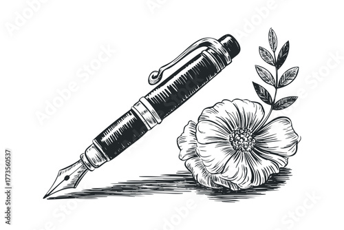 Sketchy Fountain Pen Beside Blooming Flower and Leaves