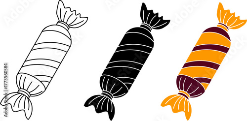 Candy Wrapper Icon Set – Outline, Solid, and Colorful Sweet Vector