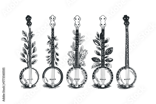 Five Banjo Instruments Adorned with Foliage