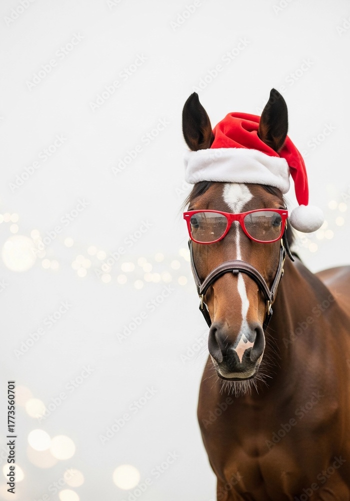 Obraz premium A horse in a Santa Claus hat and glasses, with a cheerful expression.
