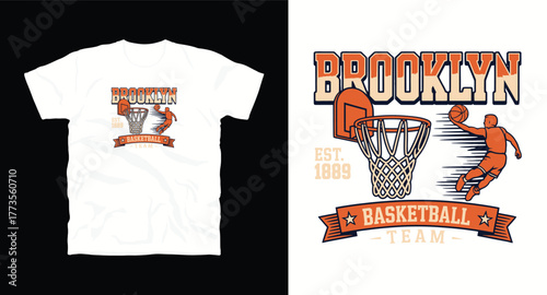 Brooklyn Basketball Team Vector Design for Apparel Brand Logo Graphic Emblem Basketball Player Typography Sports Backboard Hoop Net Vintage Style