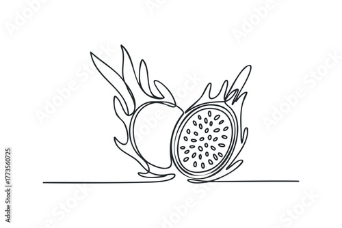 Continuous line drawing of a whole and halved dragon fruit