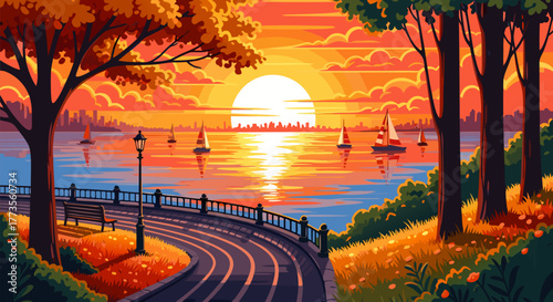 Picturesque autumn park scene at sunset, with a tranquil lake reflecting the golden sky, dotted with elegant sailboats and a winding promenade