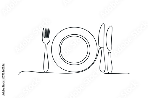 Minimalist single line drawing of plate and cutlery
