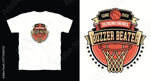 Buzzer Beater Basketball Game Vector Design Apparel Brand Logo Graphic Emblem Basketball Hoop Typography Stars Sport Game Over Silencing Enemies