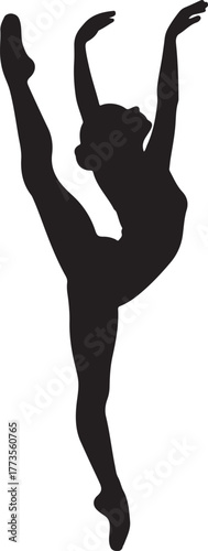 Black silhouette of a ballet dancer performing high split leap, arms overhead, elegant pose, defined limbs, centered on white background, classical graceful movement .