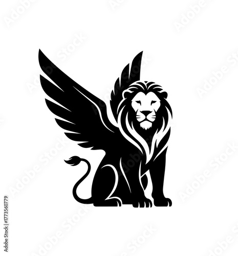 Striking black and white illustration of a majestic winged lion, seated in a powerful and symmetrical pose, evoking a sense of ancient myth and modern heraldry